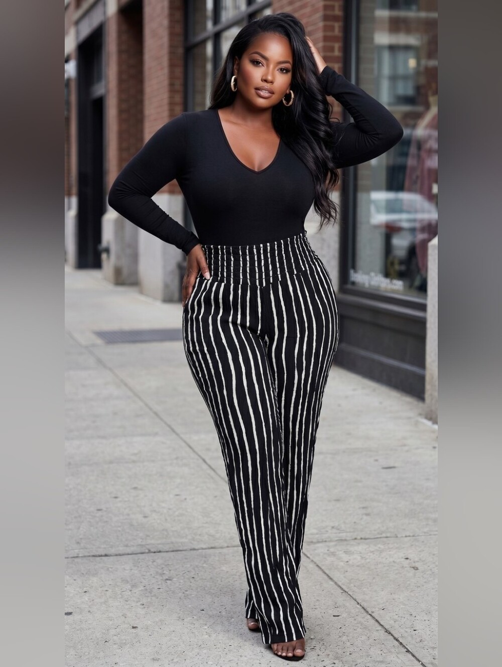 ONE 5 ONE Black & White Striped High-Waist Wide Leg Pants - Size M (EUC)